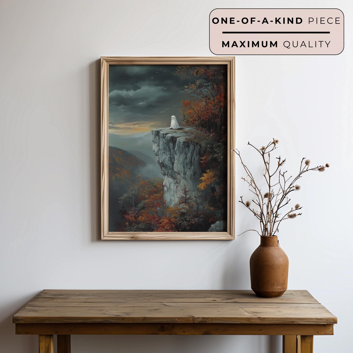 Cute Ghost On The Cliffside Autumn Art Halloween Season Artwork Moody Ghost Painting Fall Art Print - Image 3
