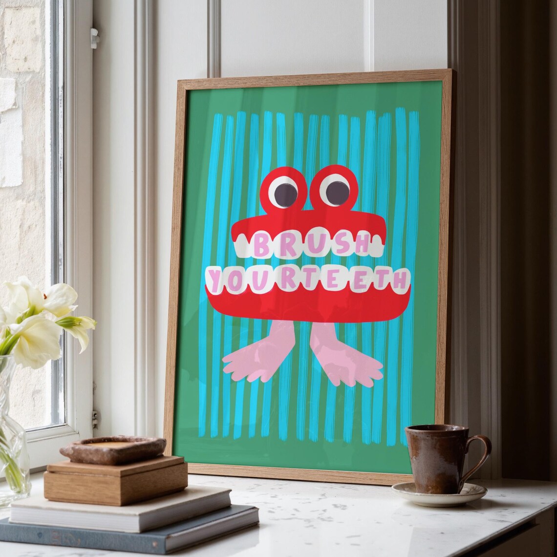Brush Your Teeth Art Print, Bathroom Illustration