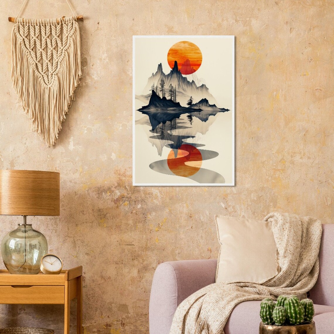 Misty Mountain Lake Reflection Red Sun Japanese Ink Wash Nature Poster - Image 3