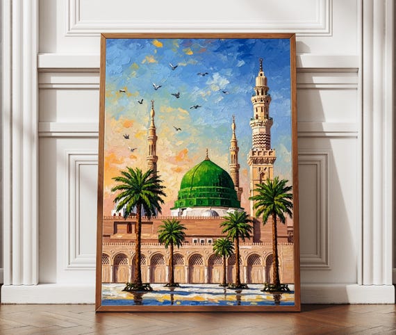 Masjid Annabawi Wall Art Green Dome Medina Printing Textured Style Islamic Travel Poster