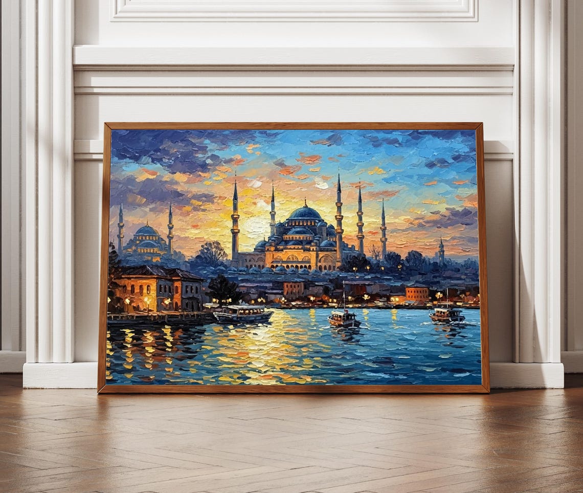 Istanbul Blue Mosque Sunset Bosphorus Textured Painting Poster
