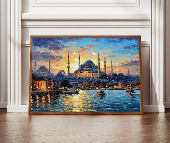 Istanbul Blue Mosque Sunset Bosphorus Textured Painting Poster