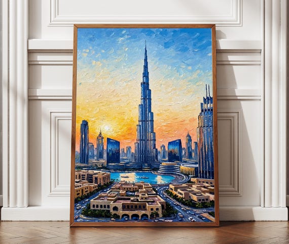 Dubai Burj Khalifa Oil Painting Textured Travel Poster Art Sunset Print