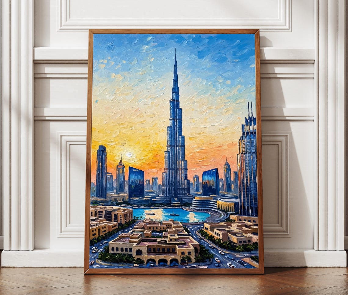 Dubai Burj Khalifa Glowing Sunset Skyline Oil Painting Poster
