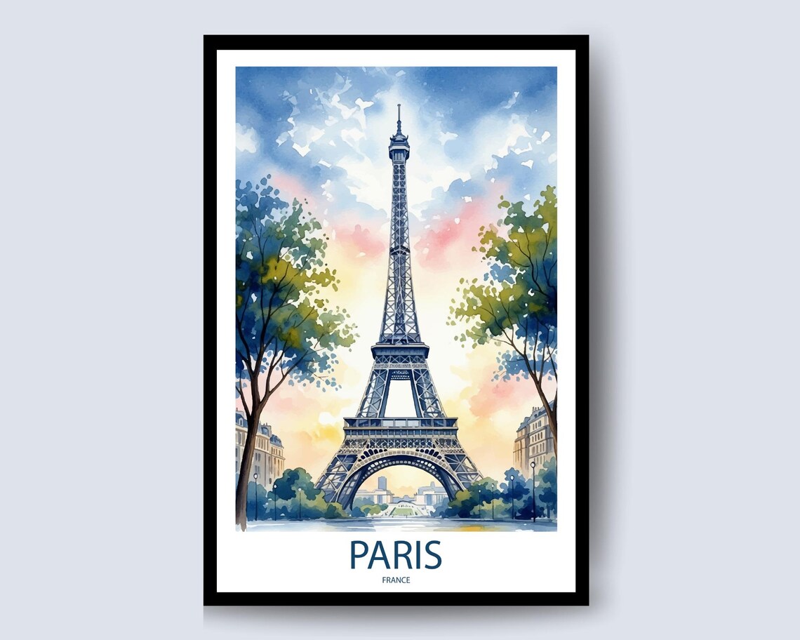 Paris France Eiffel Tower Watercolor Garden Trees Art Poster