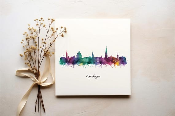 Copenhagen Watercolor Skyline Print Denmark Cityscape Wall Art