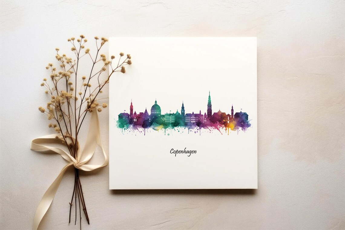 Copenhagen Watercolor Skyline Print Denmark Cityscape Wall Art