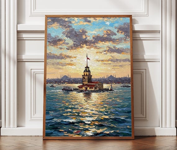 Istanbul Maidens Tower Textured Style Print Art Turkey Travel Poster