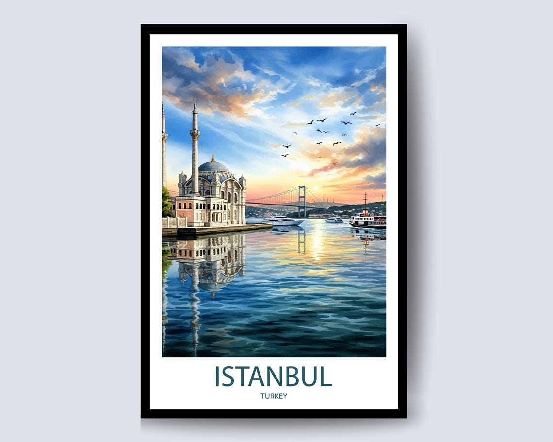 Istanbul Turkey Bosphorus Sunset Boats Watercolor Art Poster