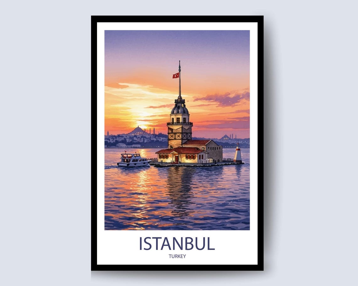 Istanbul Turkey Maidens Tower Sunset Bosphorus Water Art Poster