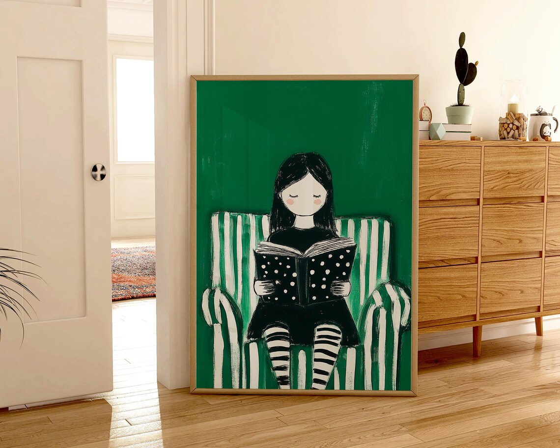 Modern Reading Woman, Minimalist Book Nook Portrait - Image 3