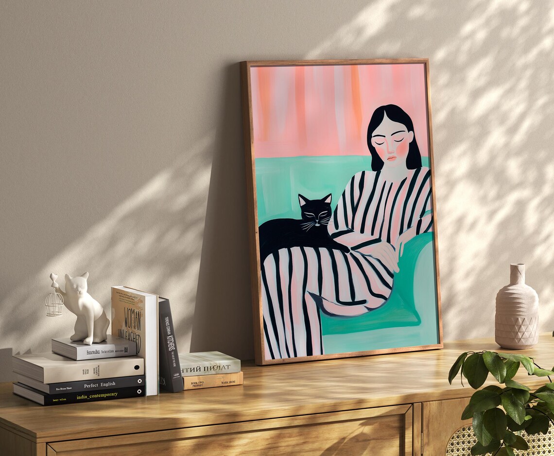 Relaxing Woman With Black Cat Pink Green Minimalist Feline Art Poster - Image 2