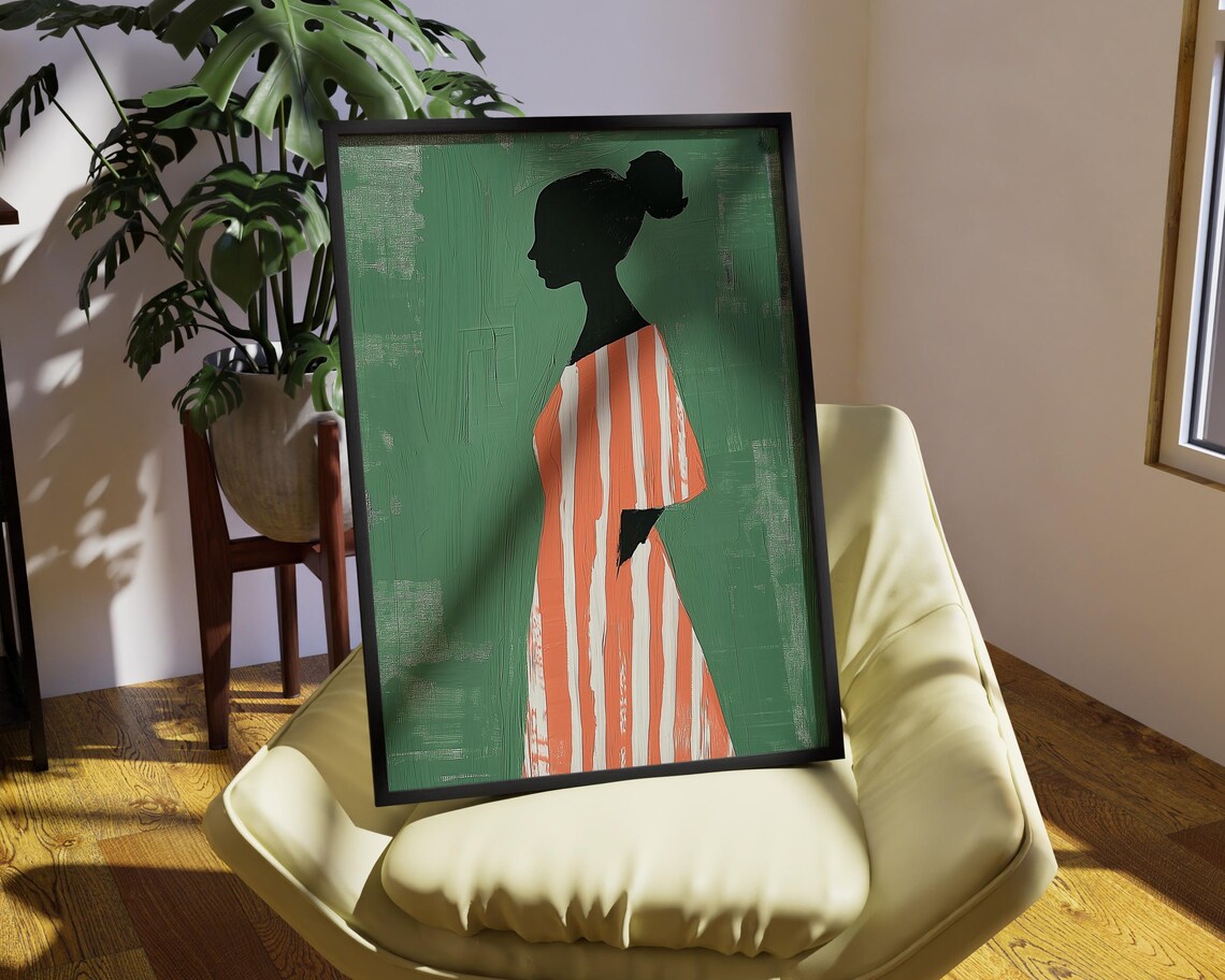Woman Silhouette in Striped Dress Sage Green Abstract Poster - Image 3