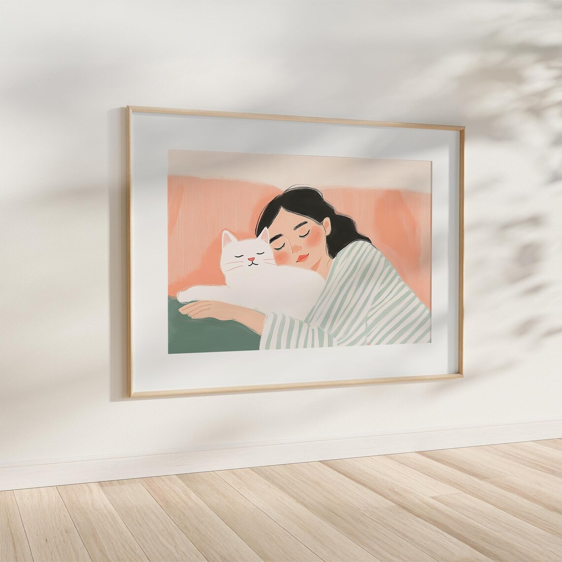 Woman Hugging White Cat in Warm Peach Cozy Illustration Poster - Image 4