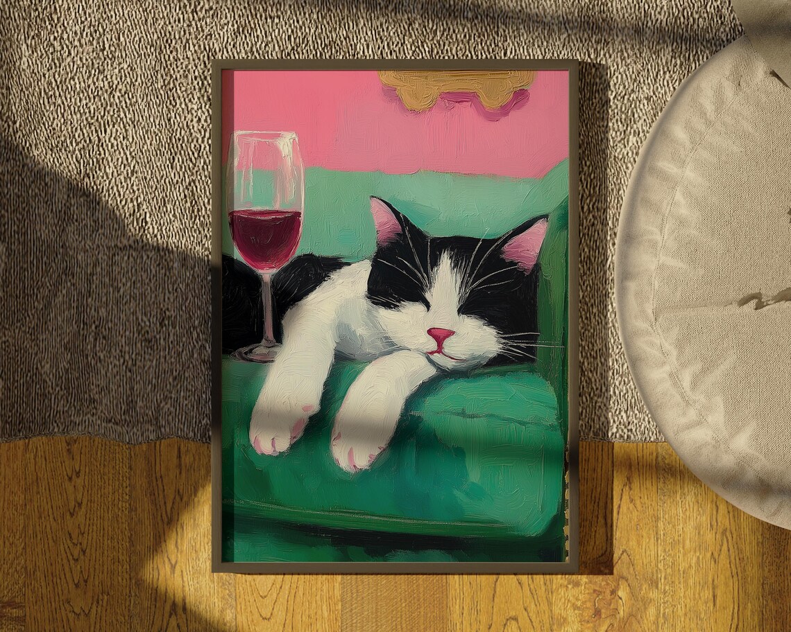 Sleepy Cat Lounging Beside A Glass Of Red Wine On Green Wall Art - Image 3