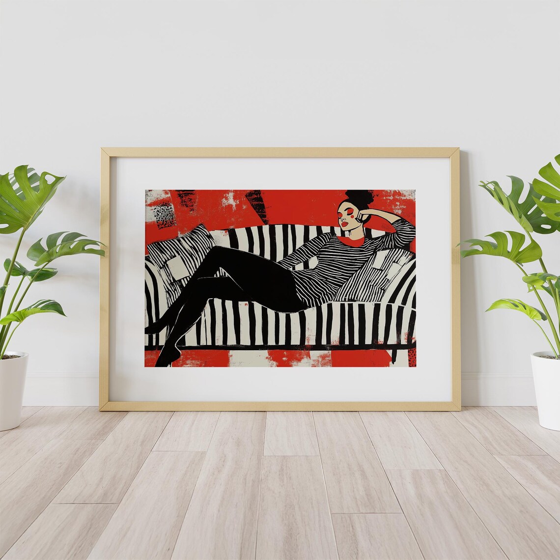 Woman Reclining on Striped Sofa Red Background Pop Art Poster - Image 3