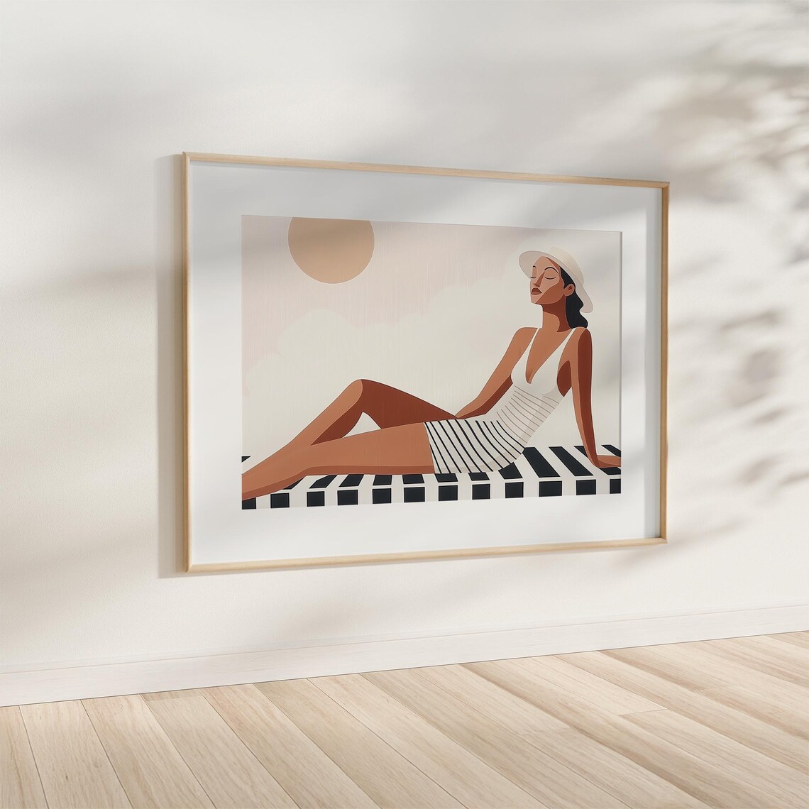 Woman Sunbathing in Striped Swimsuit Minimalist Beach Poster - Image 4