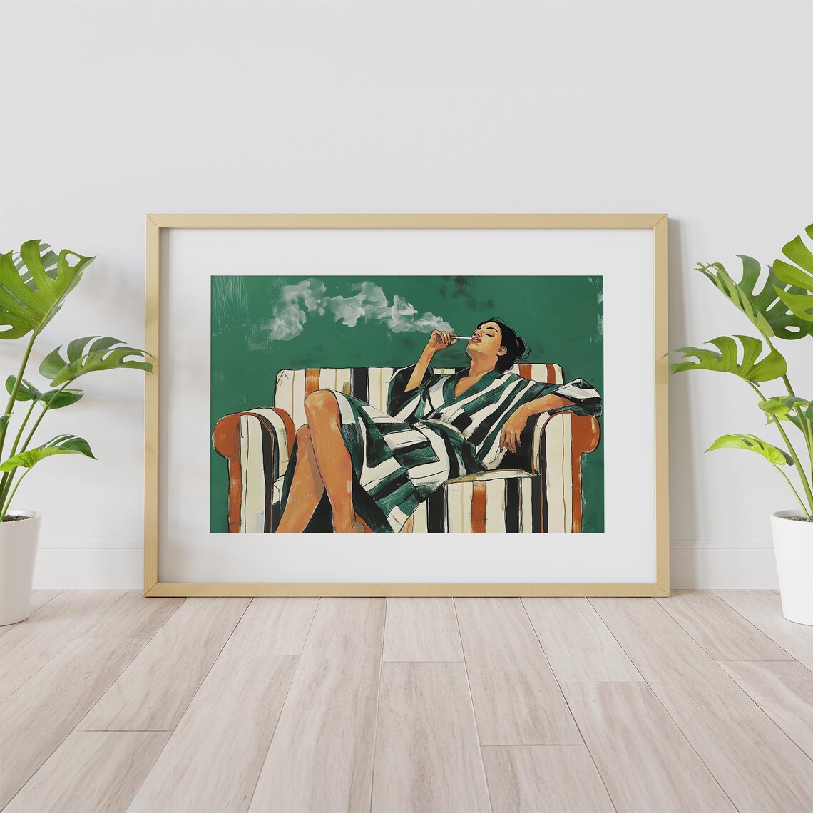 Emerald Green Woman Smoking in Striped Robe Vintage Style Poster - Image 2