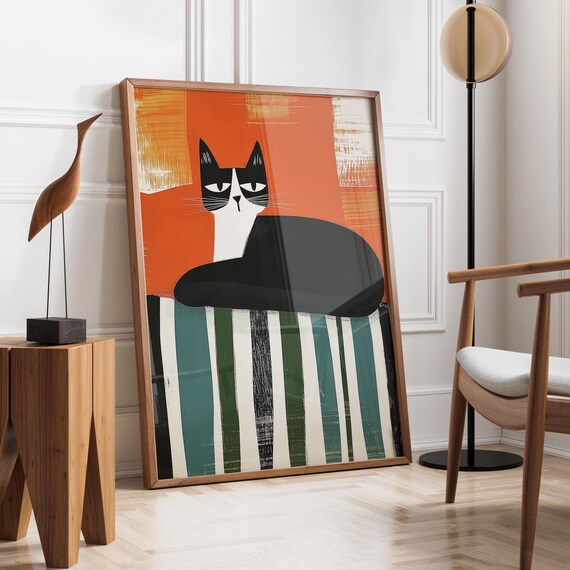 Bold Black And White Cat On Striped Fabric With Orange Poster