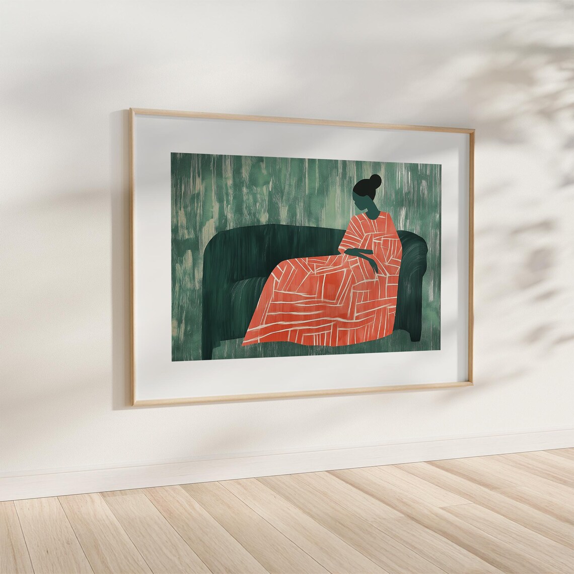Abstract Woman in Orange Geometric Dress on Green Couch Poster - Image 2