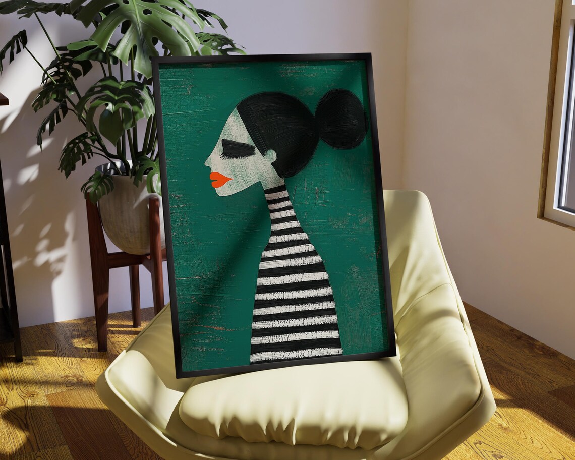 Woman Profile in Striped Dress Dark Green Abstract Art Poster - Image 3