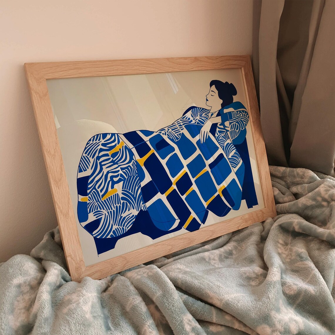Electric Blue Abstract Woman Relaxing on Sofa, Art Print - Image 3