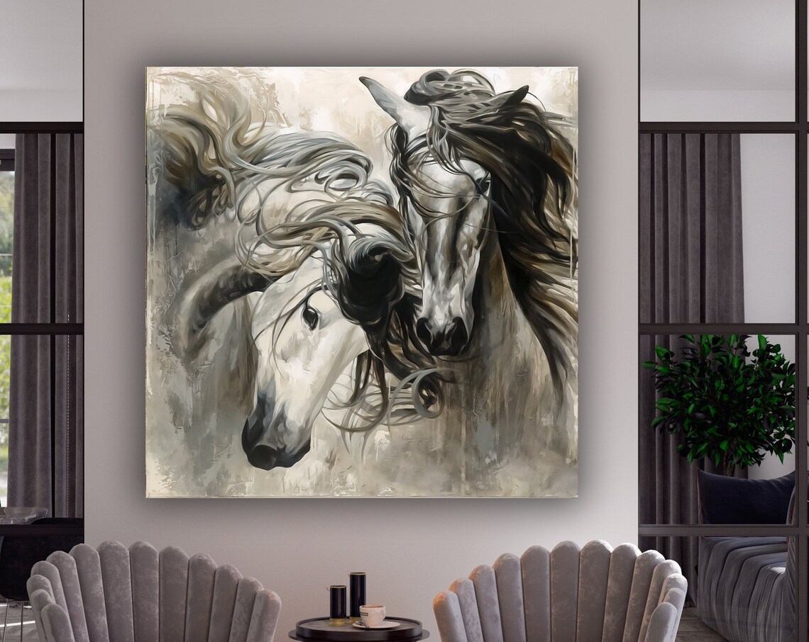 Black And White Horses Flowing Manes Abstract Equestrian Art Poster
