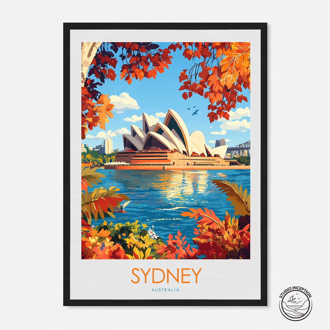 Sydney Opera House Autumn Harbour Scene Vintage Travel Poster