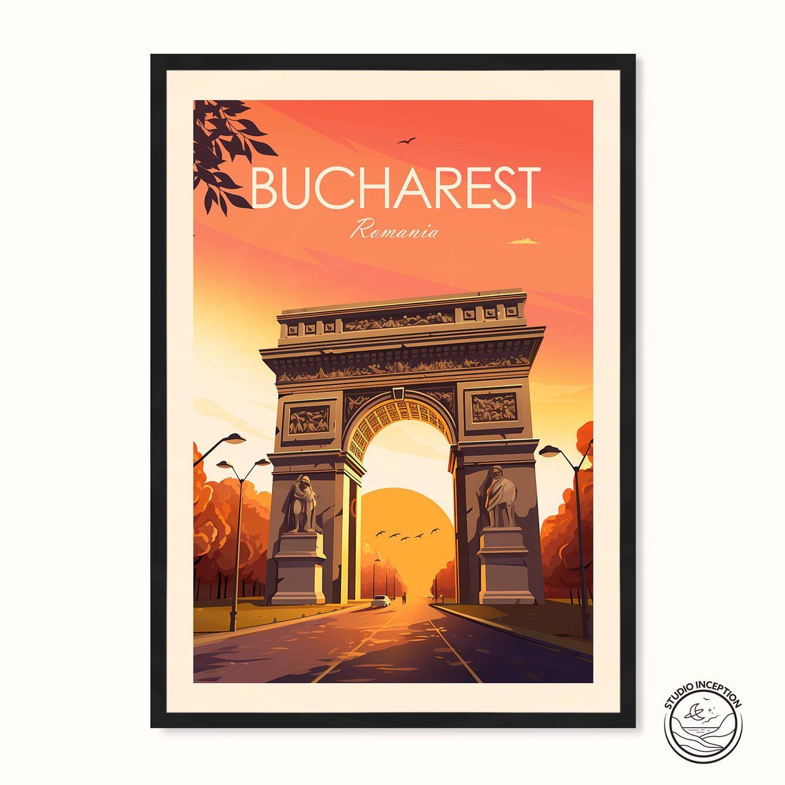 Bucharest Romania Arcul de Triumf Sunset Boulevard Landmark Poster