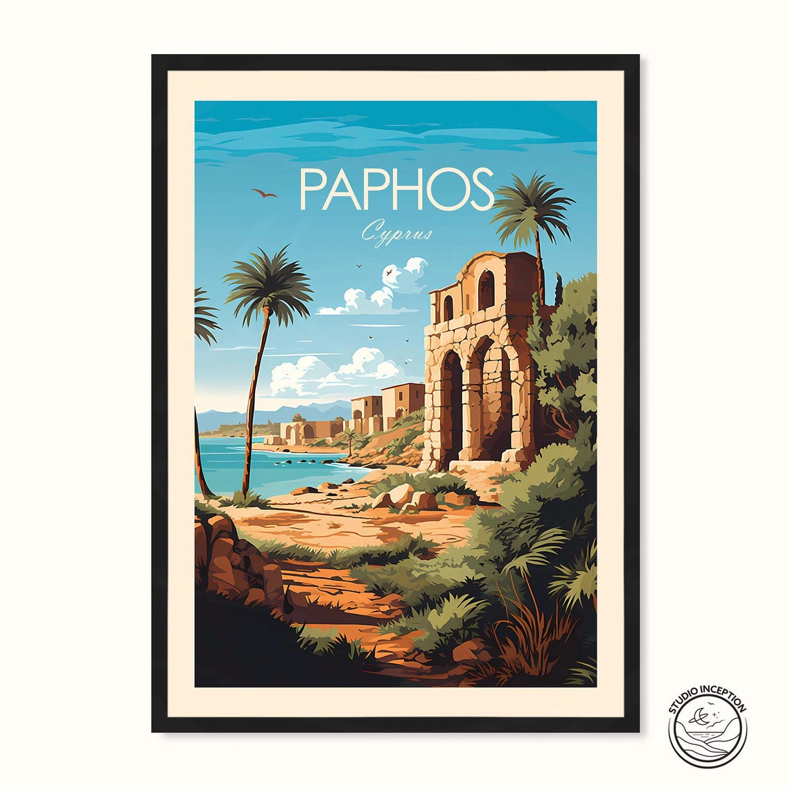 Paphos Cyprus Ancient Ruins Turquoise Coast Landscape Travel Poster
