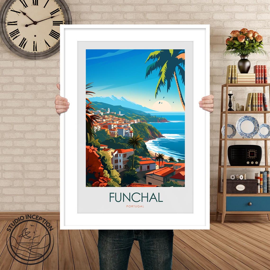 Funchal Portugal Palm Trees Coastline Beach Resort Scene Poster - Image 3