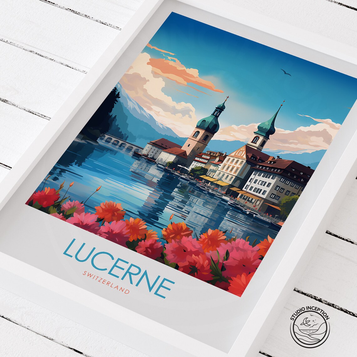 Lucerne Switzerland Old Town Chapel Bridge Lake Flowers Poster - Image 2