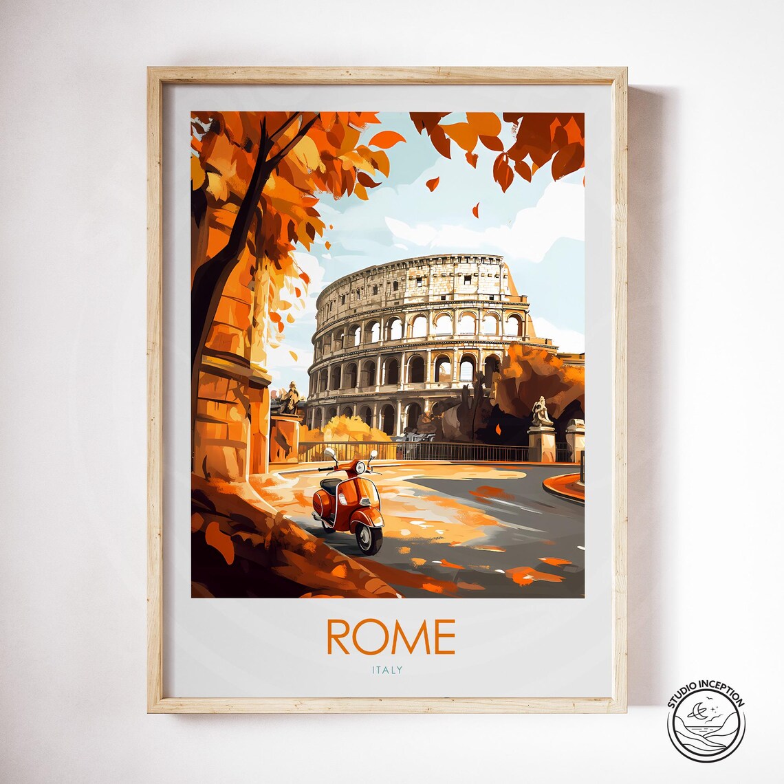 Rome Italy Colosseum Autumn Red Vespa Street Vintage Travel Poster - Image 4