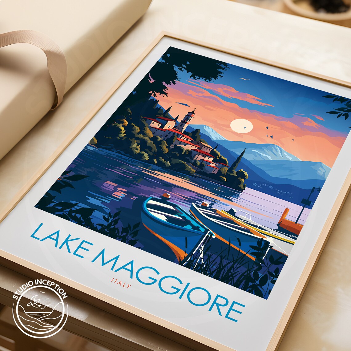 Lake Maggiore Italy Sunset Lakeside Village Fishing Boats Poster - Image 3