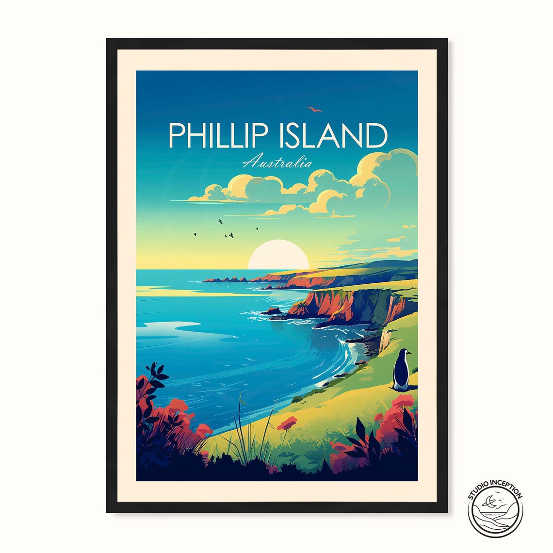 Phillip Island Australia Sunset Coastline Penguin Travel Poster