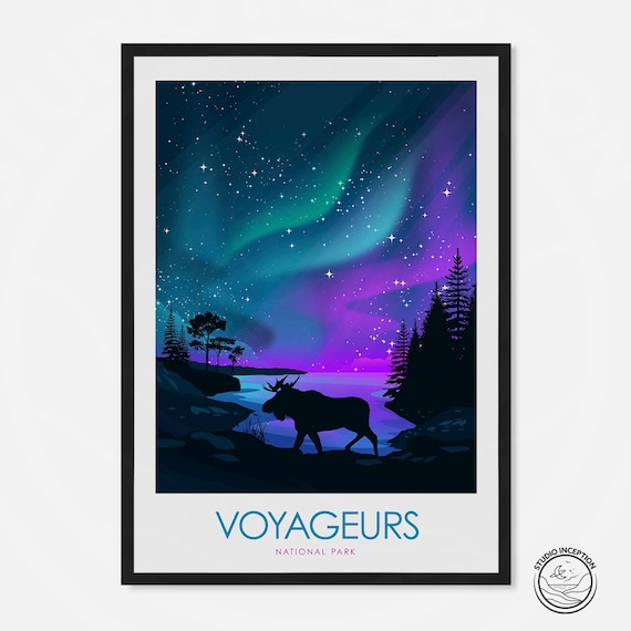 Voyageurs National Park Minnesota Moose Aurora Vintage Travel Poster