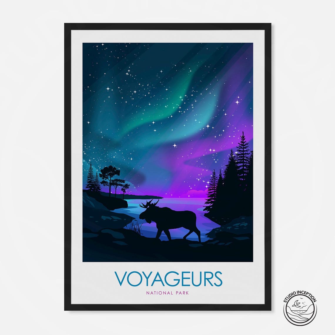 Voyageurs National Park Minnesota Moose Aurora Vintage Travel Poster