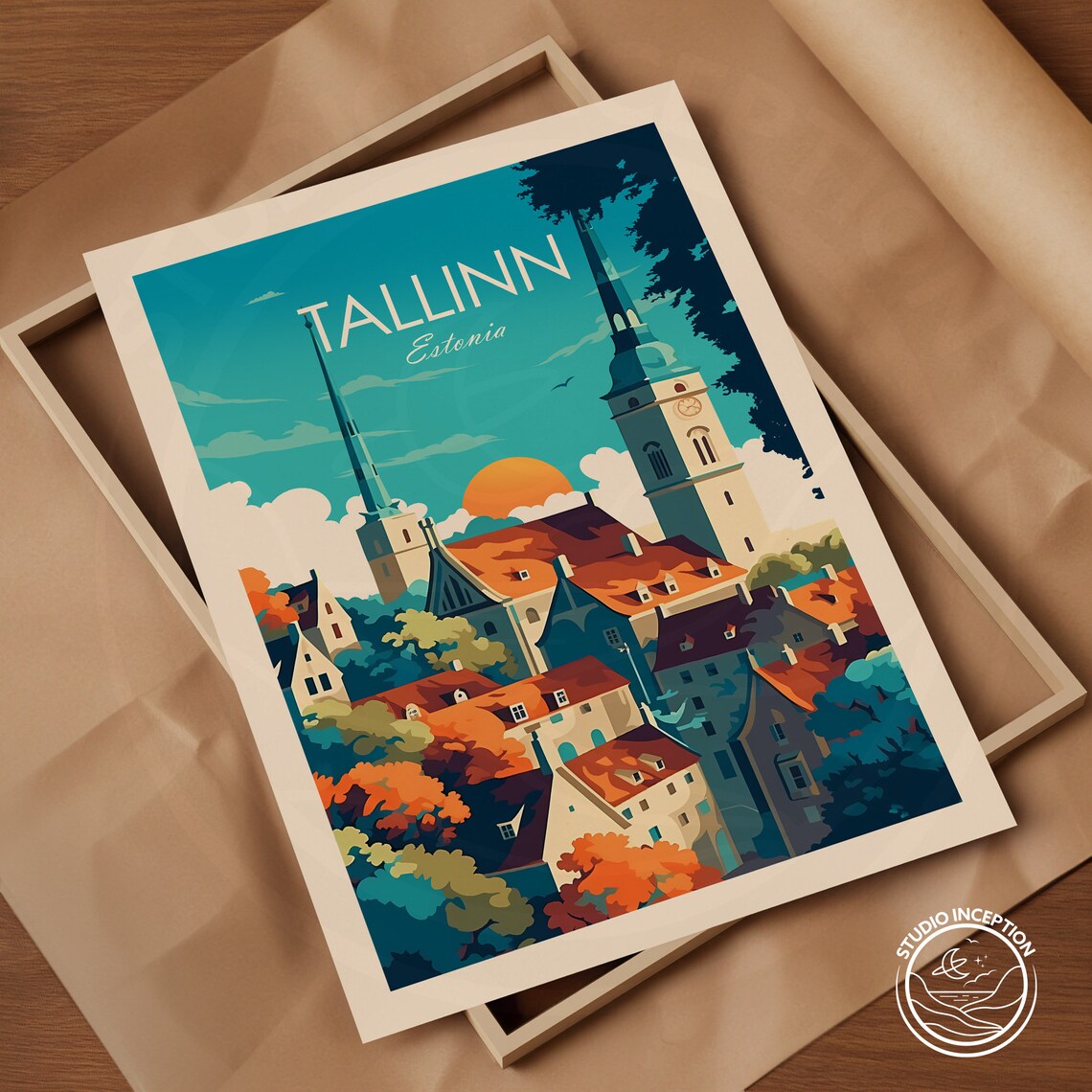 Tallinn Estonia Old Town Towers Sunset Traditional Travel Poster - Image 3