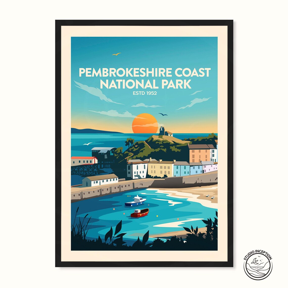Pembrokeshire Coast National Park Wales Harbor Sunset Travel Poster