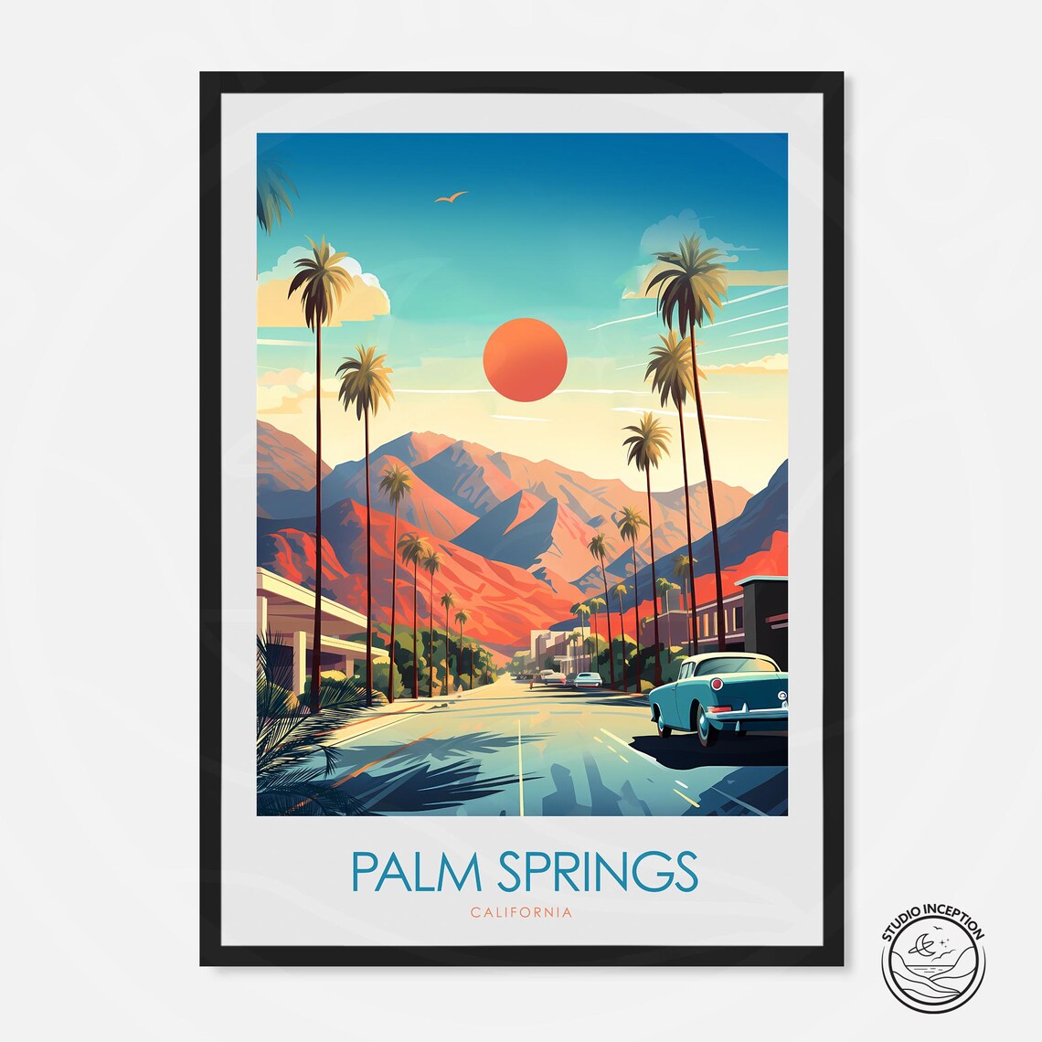 Palm Springs California Palm Tree Street Mountain Sunset Poster