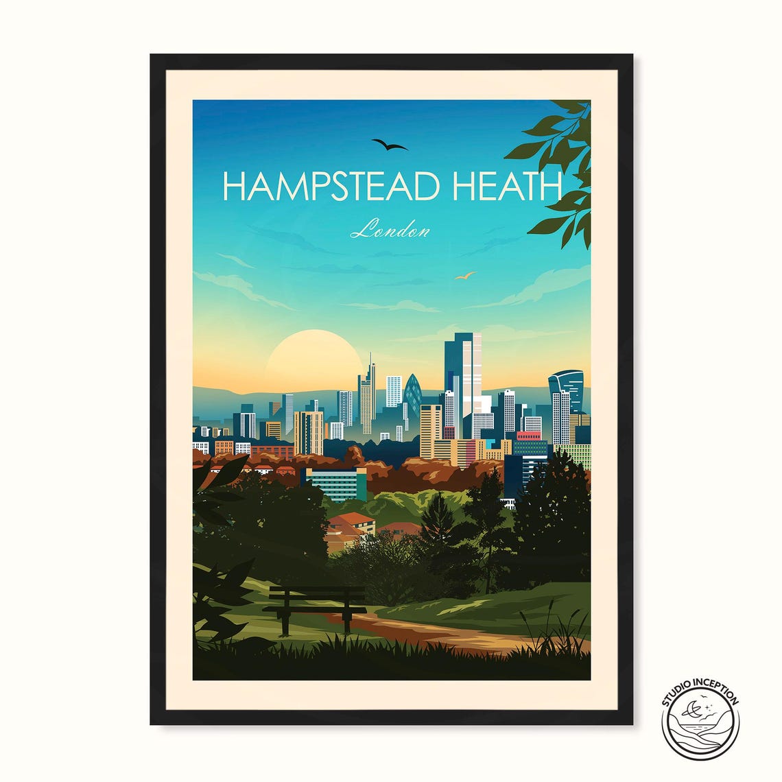 Hampstead Heath London Skyline View Sunset Vintage Travel Poster