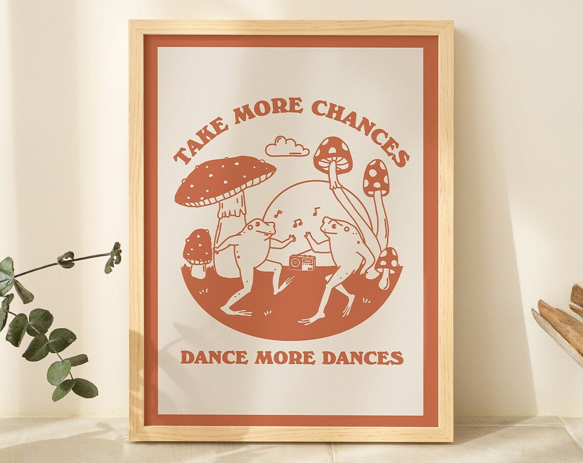Dancing Frog Vintage Mushroom Wall Print, Rustic