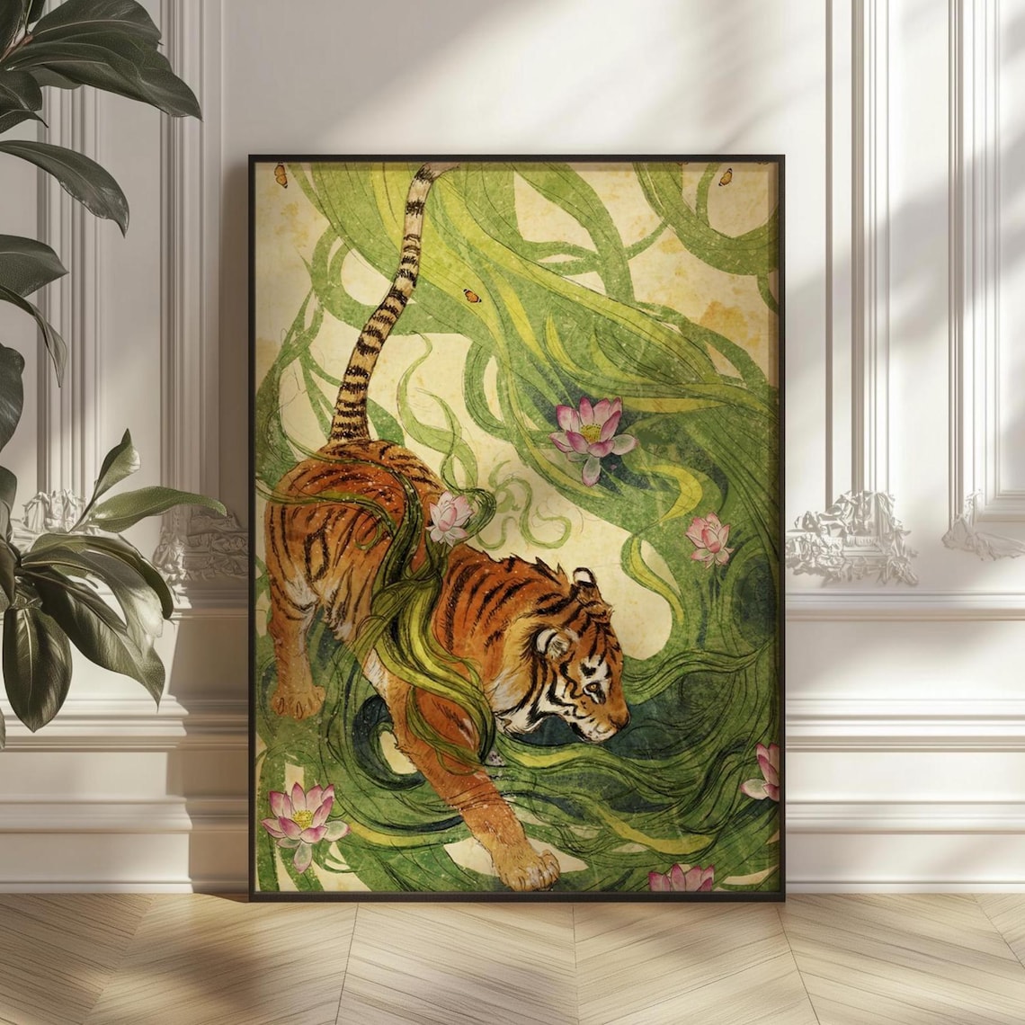 Tiger Prowling Green Foliage Lotus Japanese Style Jungle Art Poster