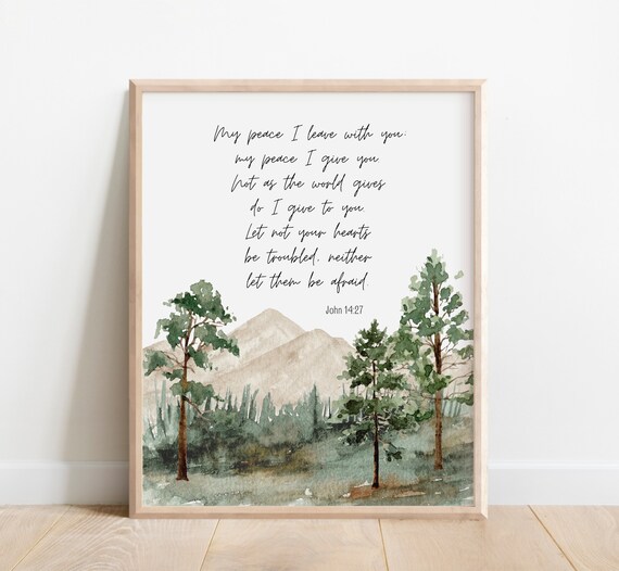 John 1427 My Peace I Leave With You Bible Verse Wall Art Christian Gift Scripture Print Do Not Be Afraid Watercolor Forest Mountain
