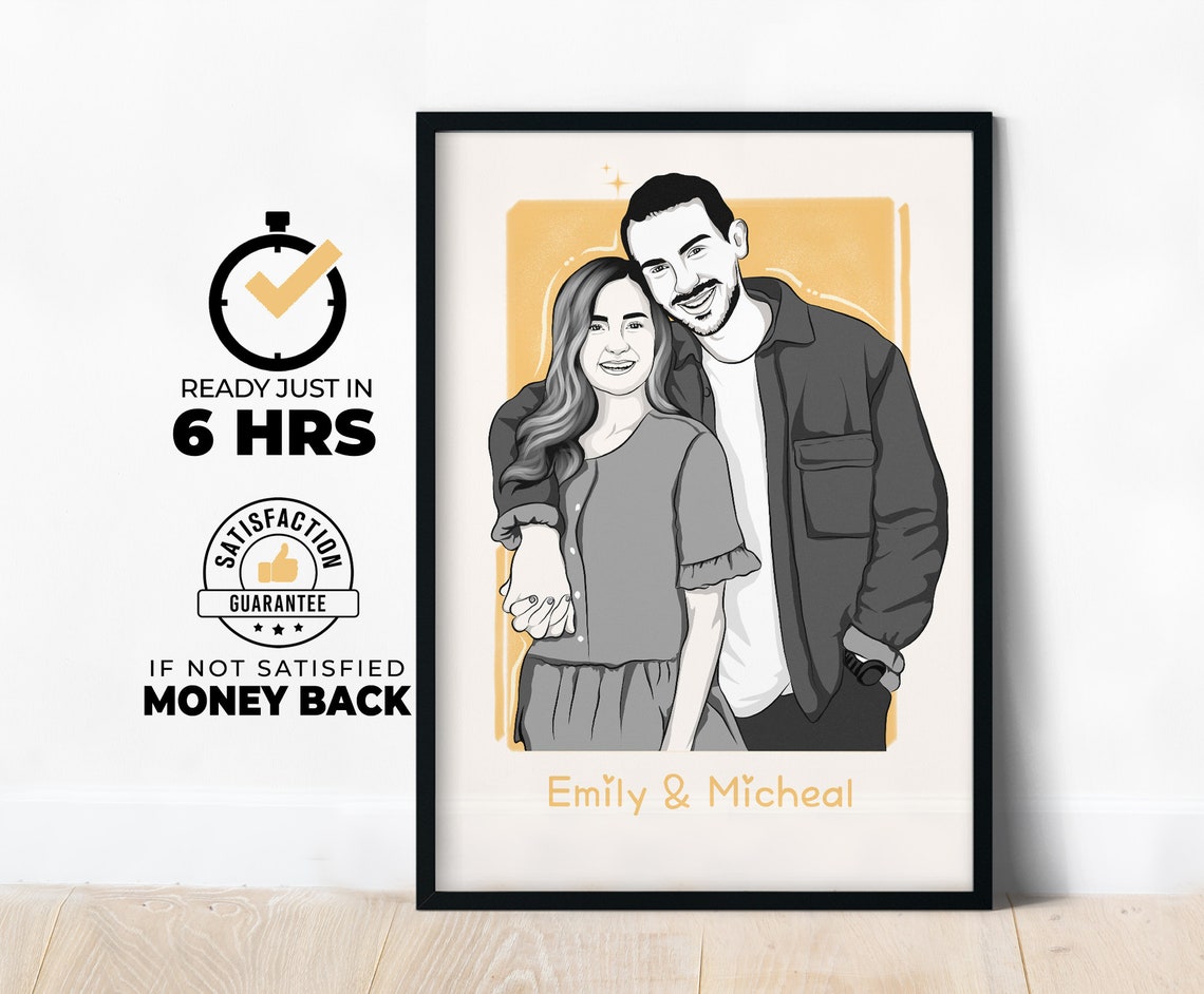 Emily & Micheal Names Yellow Line Style Couple Portrait Poster