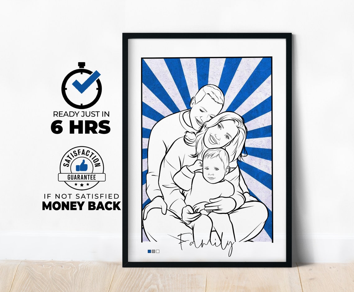 Family Line Drawing Blue Sunburst Custom Personalized Poster