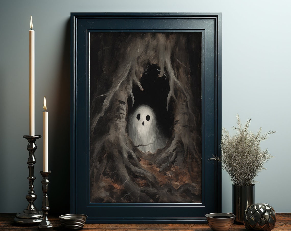 Cute Spooky Ghost Peeking from Hollow Tree Dark Halloween Poster