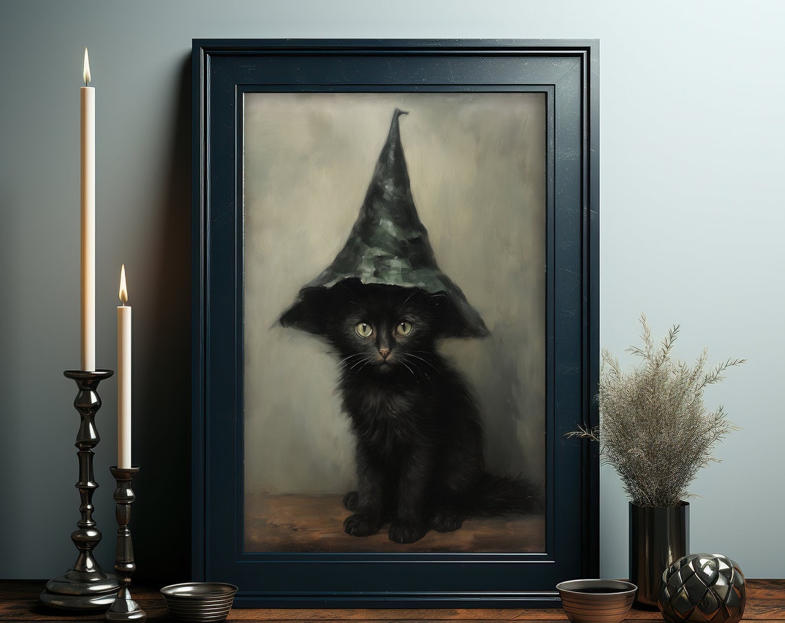 Spooky Black Kitten In Witch Hat Muted Vintage Halloween Poster