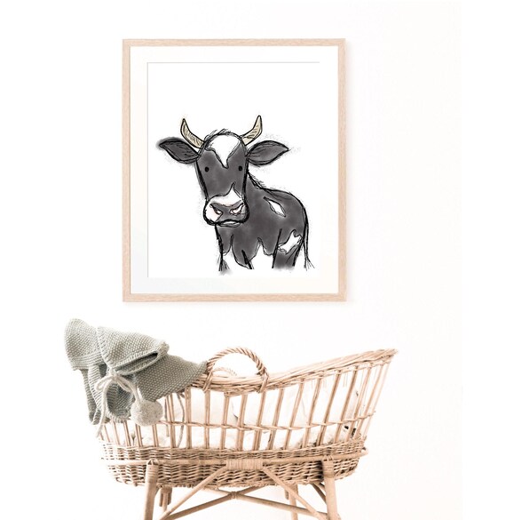 Black and White Cow Watercolor Sketch Farm Nursery Kids Wall Art
