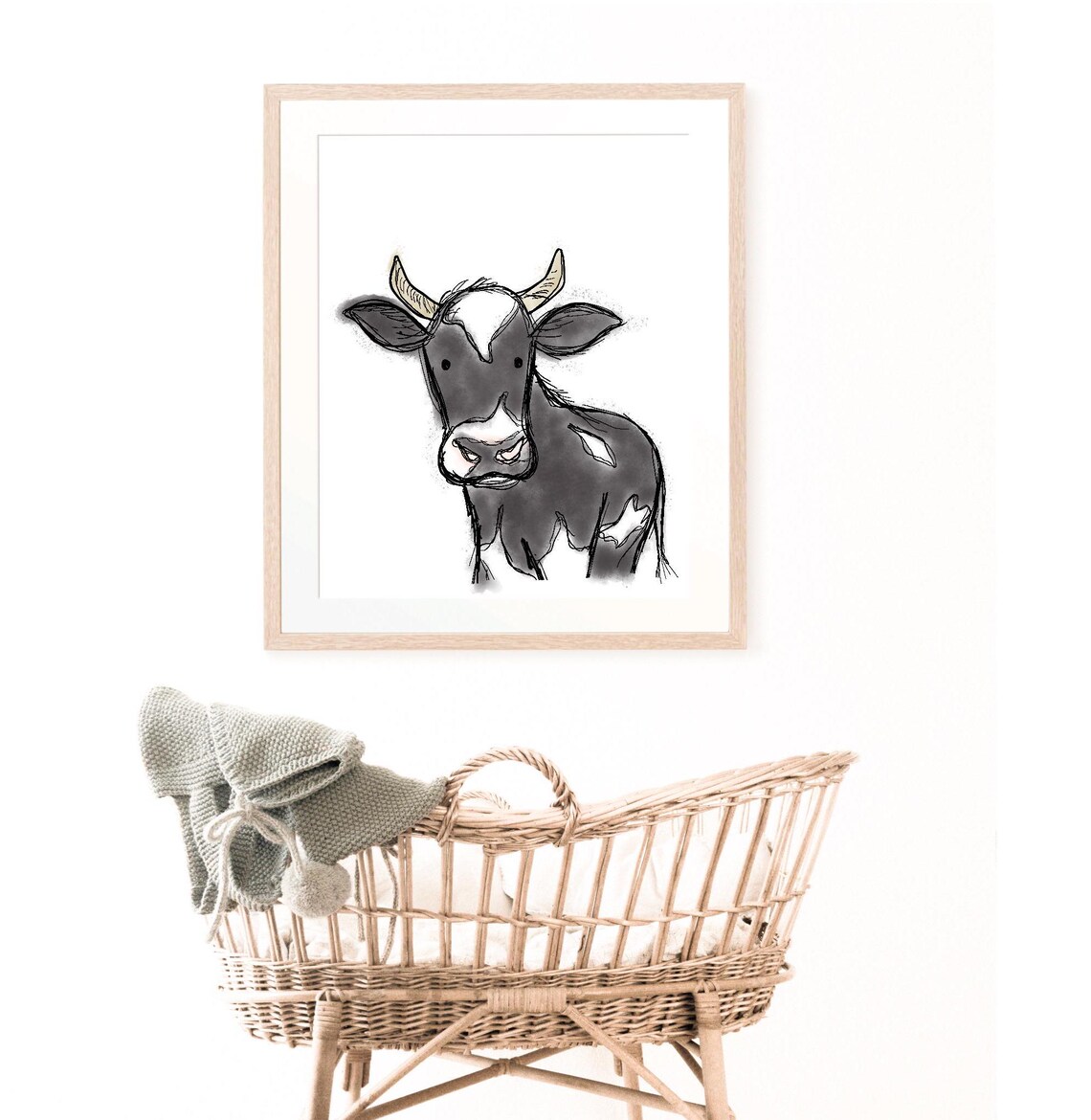 Black and White Cow Watercolor Sketch Farm Nursery Kids Wall Art